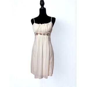 Vtg Y2K Iz Byer White Spaghetti Strap Babydoll Dress Gold Beaded Waistband
